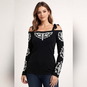 INC Off-shoulder Sweater White Embroidered Rhinestones Gems M